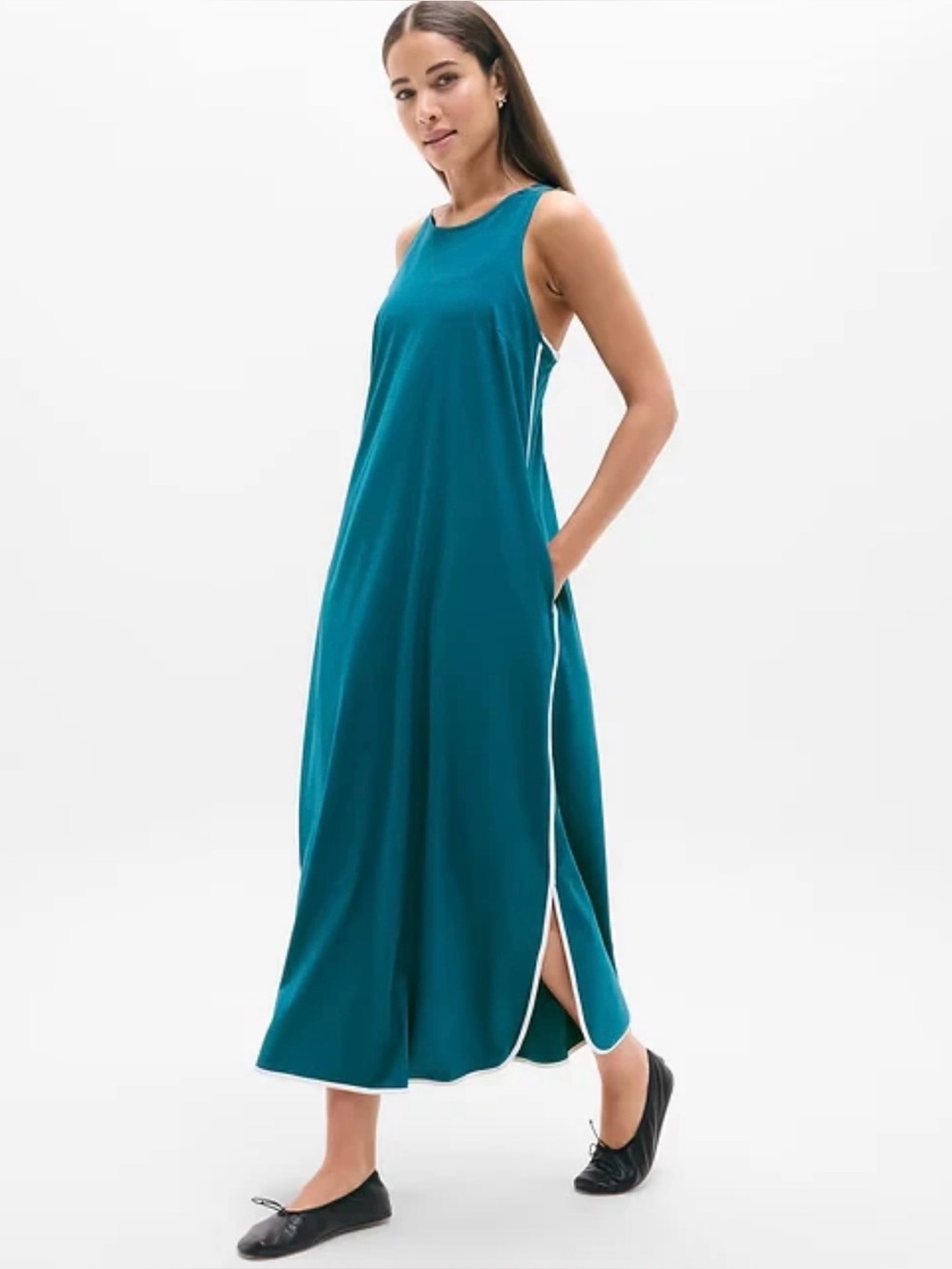 Athleta Journey Teal Sleeveless Maxi Dress With White Trim, Lightweight, Size XS